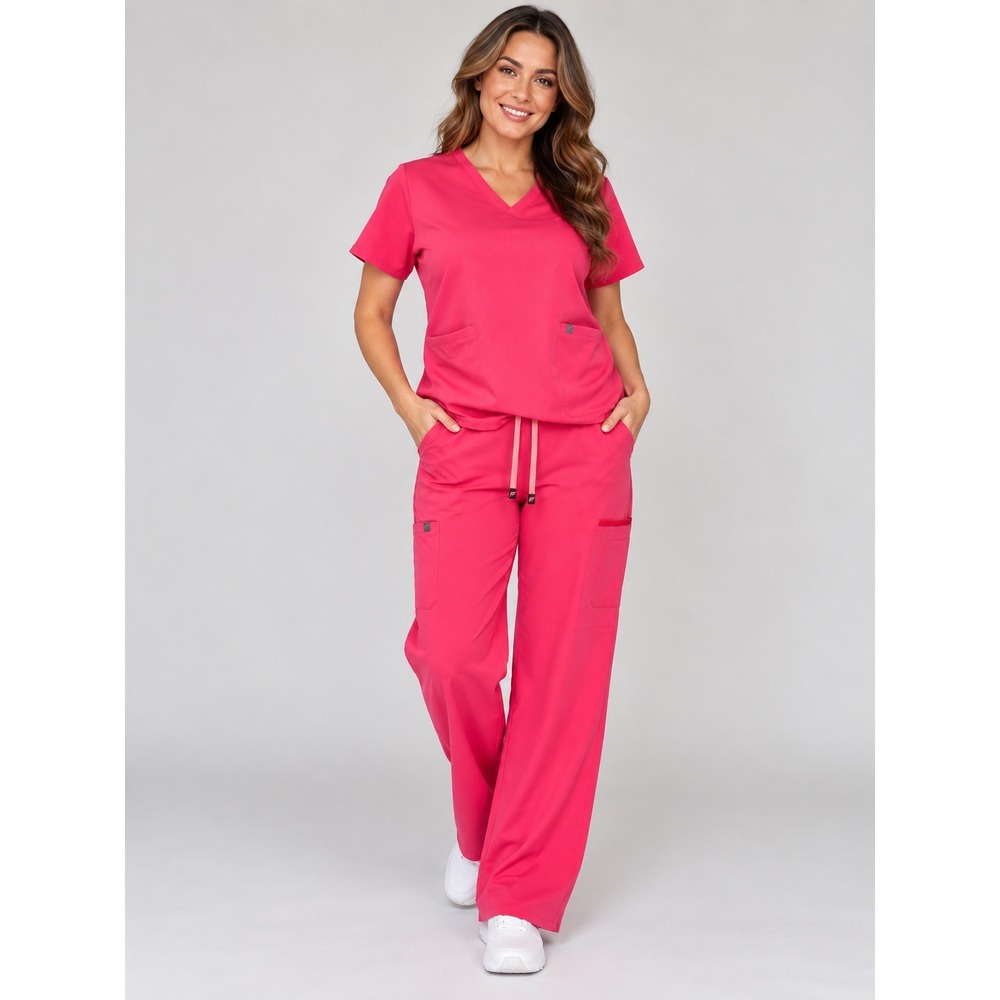 Fabletics Women's XL Pink Coral Scrub Set V Neck Top Cargo Pants Medical